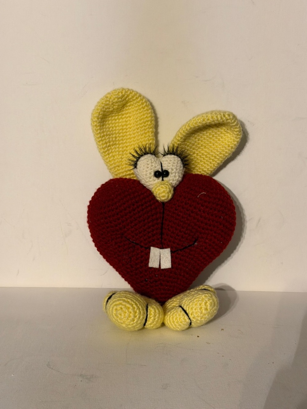 Handmade Crocheted Heart Bunny Plush - Yellow & Red